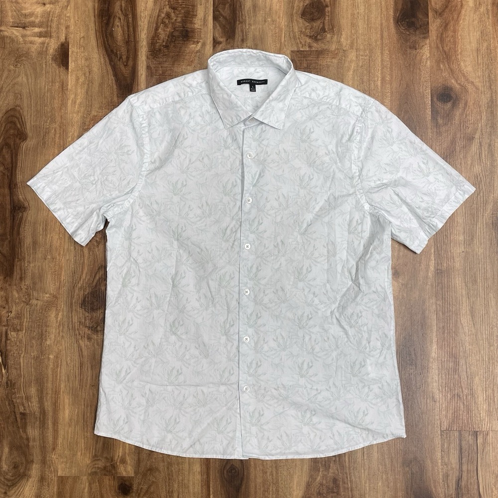 Robert Barakett Men's Large White Leaf Print Button Down Short Sleeve Shirt